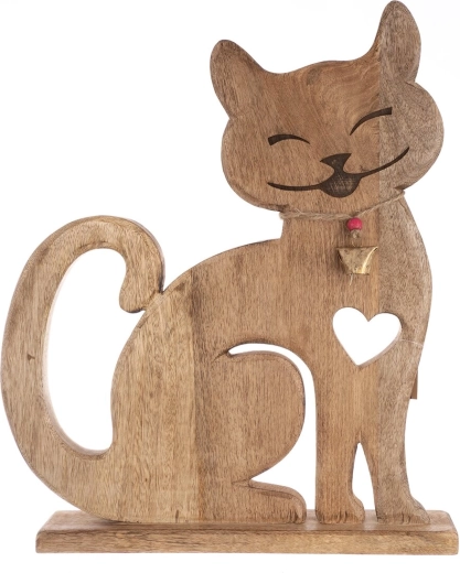 Houten decoratie Kat met belletje