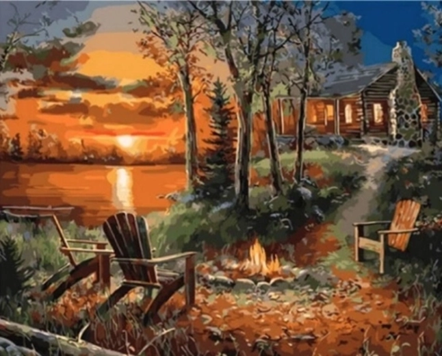 Norimpex Schilderen op nummer Huis met open haard bij zonsondergang 40 × 50 cm