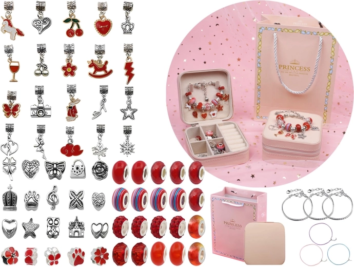 Set voor het maken van sieraden en armbanden met bedels en kralen in rode tinten met etui