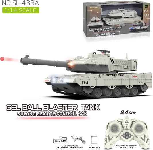 Op afstand bestuurbare witte tank die gelballetjes afvuurt