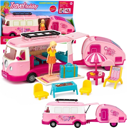 Roze camper met aanhanger, pop en kampeeruitrusting