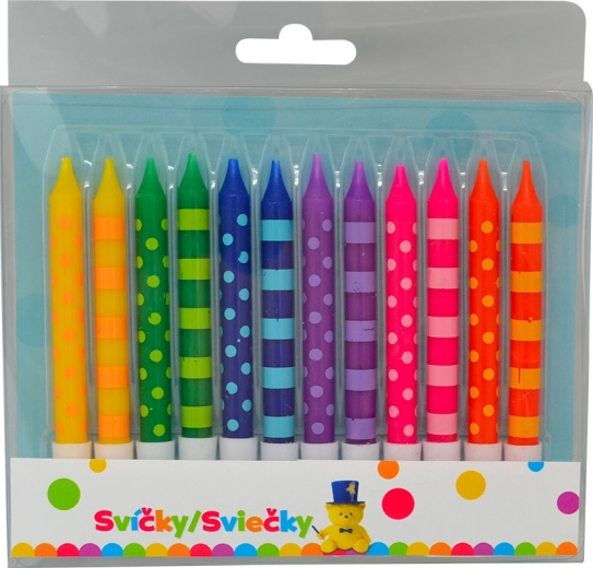 Verjaardagskaarsjes 8 cm met stippen en strepen, 12 stuks