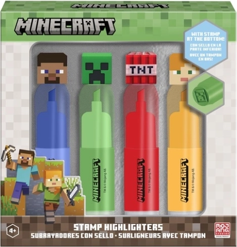 Minecraft set van 4 markeerstiften met 3D-topper en stempel