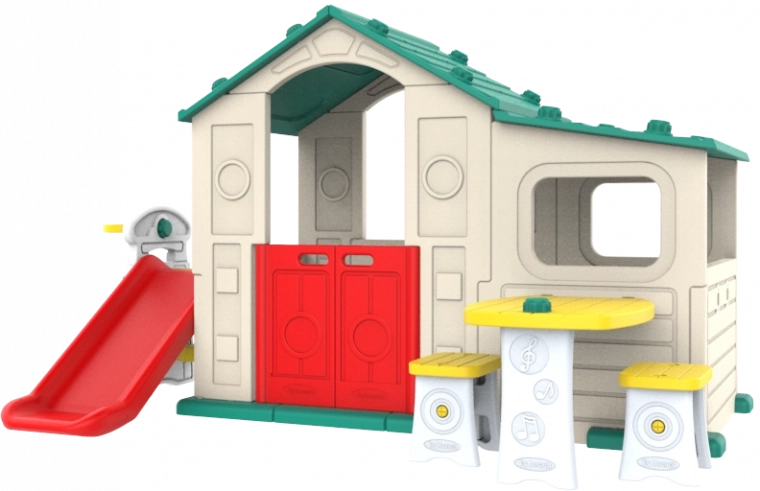 Groot kinderspeelhuis met veranda, glijbaan en groen dak