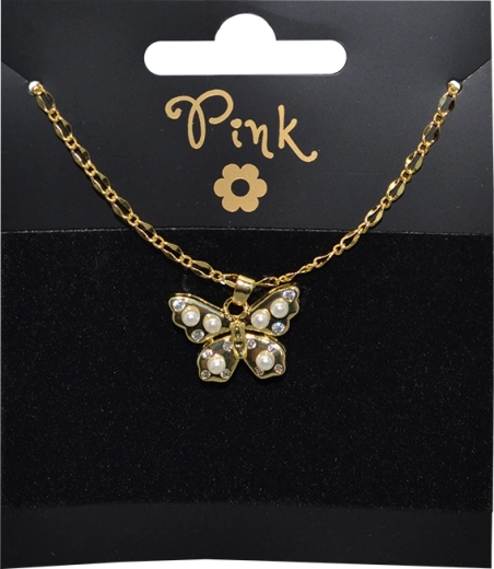 Vergulde ketting met vlinderhanger en parels