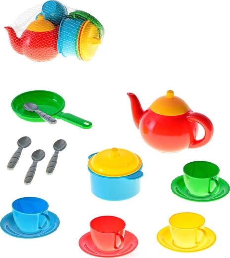 Kleurrijke kinderplastic servies- en theeset in net (16 stuks)
