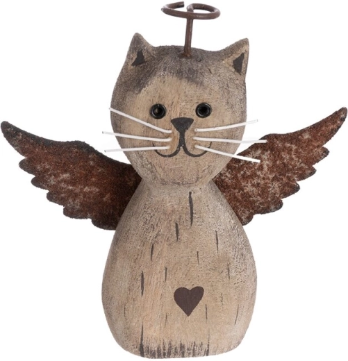 Decoratie kat van paulowniahout en metaal beige 12 cm