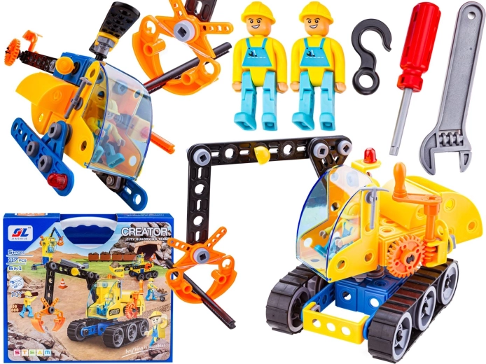 Constructiespeelgoed 6-in-1 – bouwmachines en voertuigen (auto, kraan, helikopter)