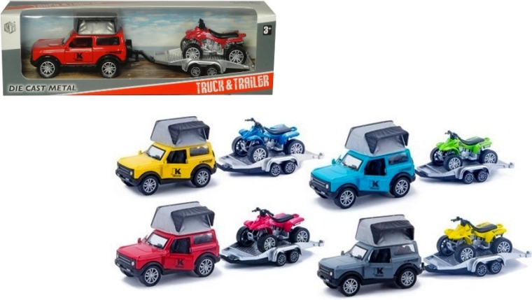 Metalen terreinwagen met aanhanger en quad