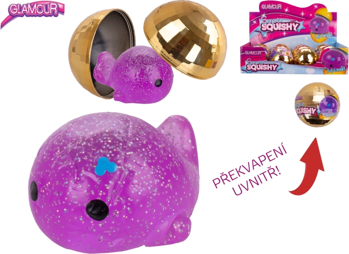Glamour glinsterbal met verrassing – rekbaar antistress diertje