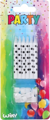 Kaarsjes met zwarte stippen met houders 12 stuks