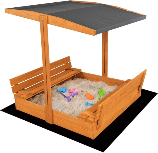 Baby Mix afsluitbare houten zandbak voor kinderen met bankjes en dak 120 × 120 cm, grijs