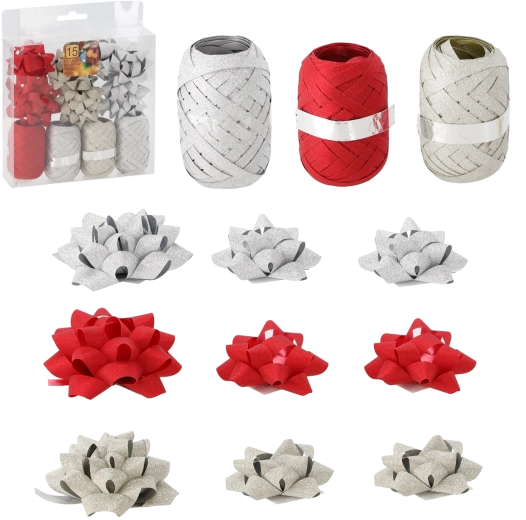 Cadeau-inpakset – goud, rood en zilver (4 linten + 11 strikken)
