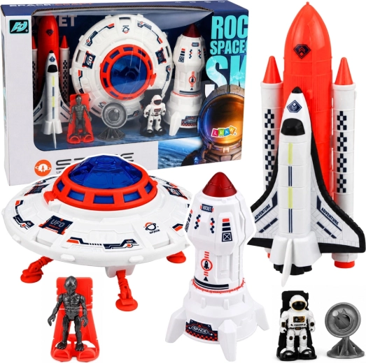 Ruimtespeelset met UFO, raket, spaceshuttle, astronaut, buitenaards wezen en antenne