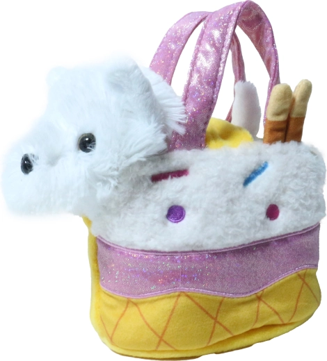 Pluizig wit hondje in een ijshoorntas 15 cm