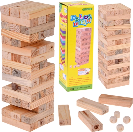 Houten wankele toren – behendigheidsspel met genummerde blokjes en 4 dobbelstenen