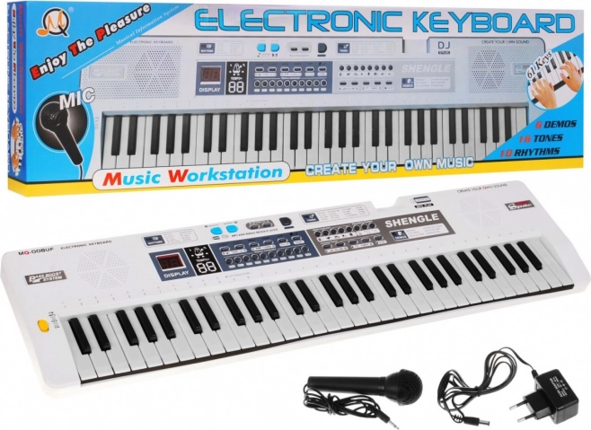 Witte kindersetje met toetsenbord, microfoon, opname en stereoluidsprekers