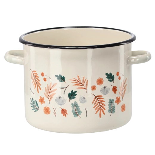 Gemailleerde pan 5,5 l, diameter 22 cm, crèmekleurig met bladmotief