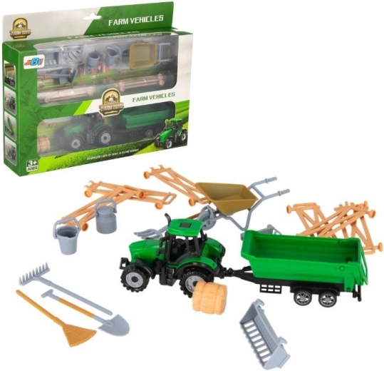 Tractor met aanhanger en boerderijaccessoires