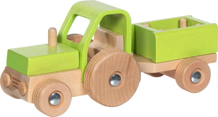 Houten tractor met aanhanger Goki