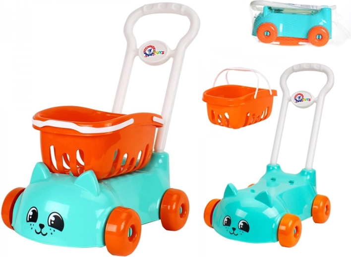 Turquoise kinderwinkelwagentje met kattenmotief en afneembaar mandje