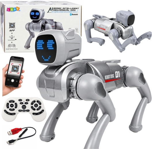 Interactieve robotische AI-hond met afstandsbediening en zilverkleurig LED-display