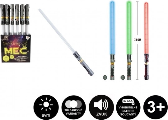 Lichtzwaard met licht en geluid, 73 cm, kunststof, 3× AAA, 3 kleuren