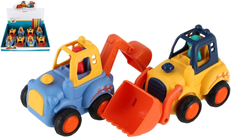 Kunststof bouwvoertuigjes 12–14 cm met vliegwiel, mix van soorten, 8 stuks in doos