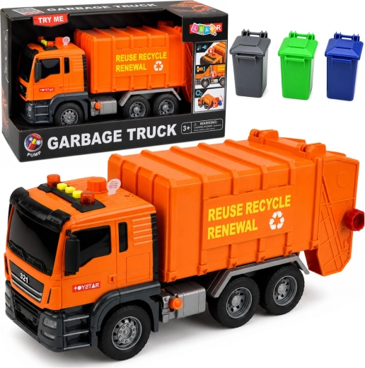 Kinder vuilniswagen met licht en geluid en 3 afvalbakken, oranje