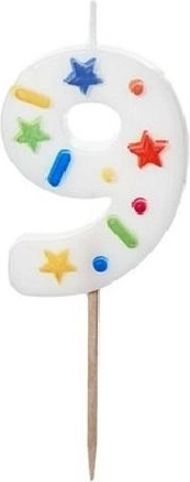 Taartkaars cijfer 9 wit met confetti