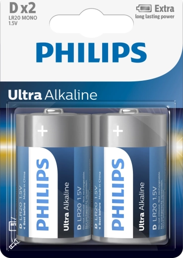 Philips Ultra Alkaline batterij D (LR20), 1,5 V – 2 stuks