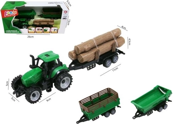 Groene tractor met 3 aanhangers 18 cm