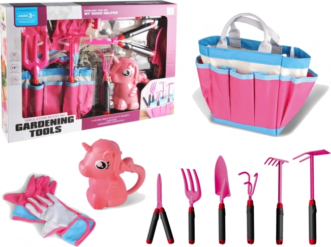 Tuinset met gereedschap en eenhoorn