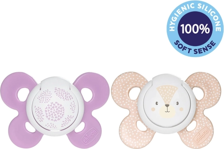 Chicco Physio Comfort siliconen fopspeen Physioforma 6–16 maanden, 2 stuks (meisjesmotief kat/stippen)