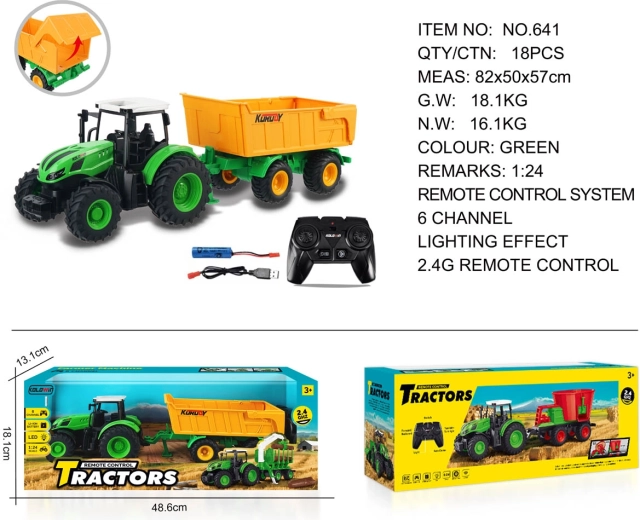 Op afstand bestuurbare tractor met openende gele aanhanger 1:24