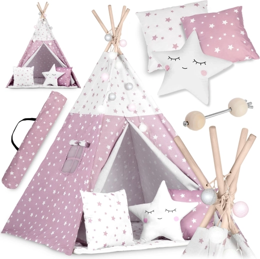 Kindertipi met lichtjes NUKIDO – roze met sterretjes