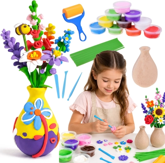 Creatieve DIY-set om bloemen te maken van lichte zelfhardende klei met vaas (28 onderdelen)