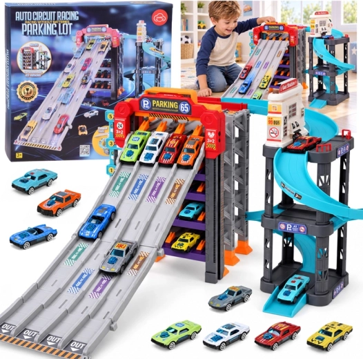 Vijflaagse autoracebaan en parkeergarage 4-in-1 met spiraal, lanceerder en tankstation + 8 auto’s