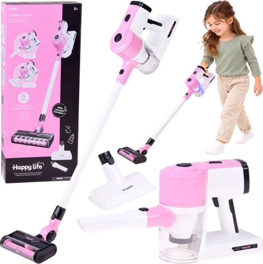 Roze 2-in-1-kinderspeelstofzuiger met stofzuigfunctie en 3 opzetstukken