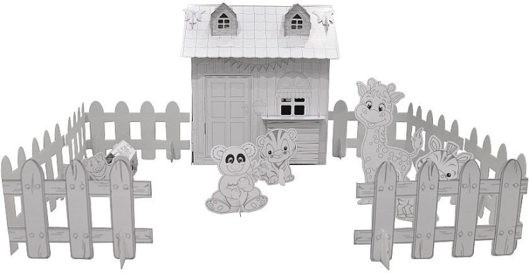 Kartonnen huisje om in te kleuren met dieren