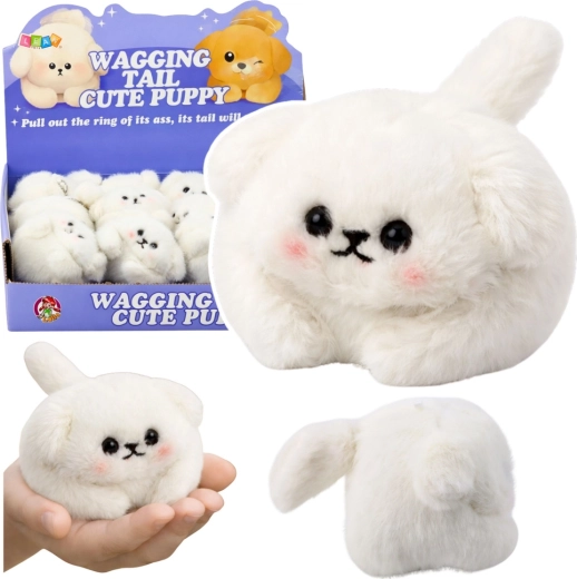 Wit pluchen hondje met kwispelende staart en piepgeluid 9 cm