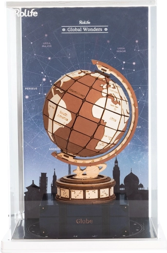 Display met wereldbol en wereldwonderen