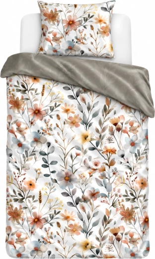 Katoenen satijnen beddengoed Milagro Verde Boho bloemen beige-grijs 140 × 200 cm