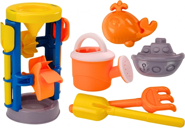 Grote zandset met molentje, schep, hark, gieter en vormpjes