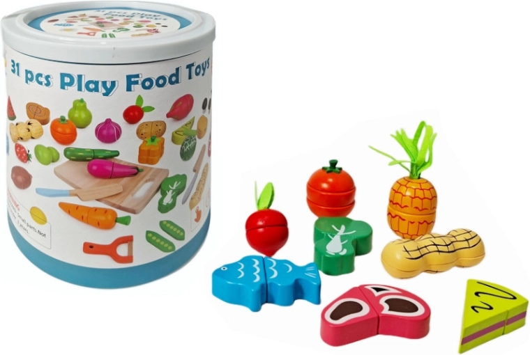 Houten fruit en groenten om te snijden in een emmer