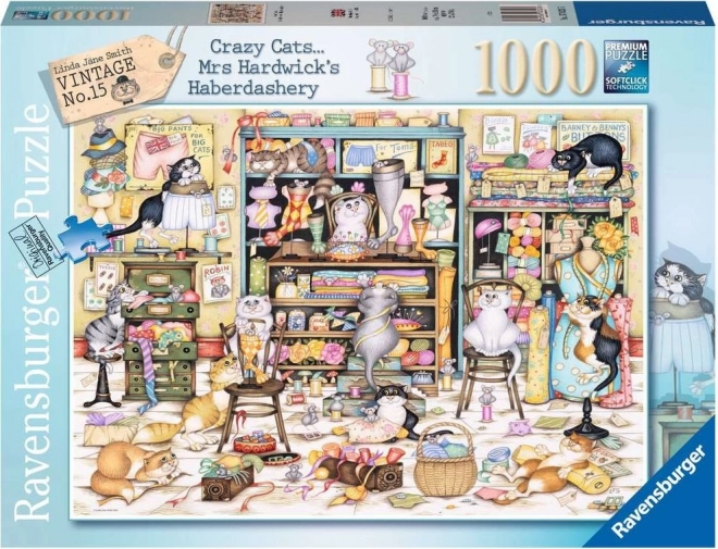 Puzzel RAVENSBURGER Crazy Cats – kattenstreken in de fourniturenwinkel, 1000 stukjes