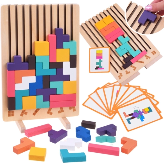 Houten logische puzzel Tetris met kleurrijke stukjes