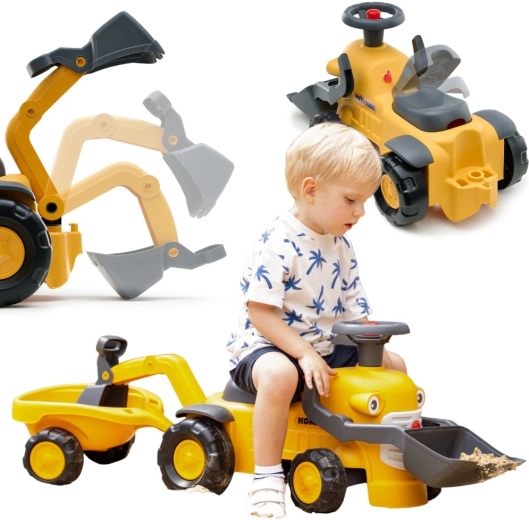 Loopfiets FALK KOMATSU met voorlader, achtergraafmachine en aanhanger