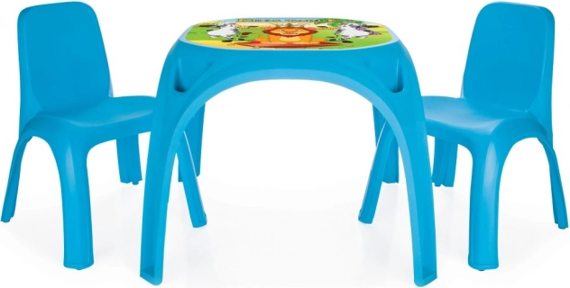 Kunststof tafeltje + twee blauwe stoeltjes