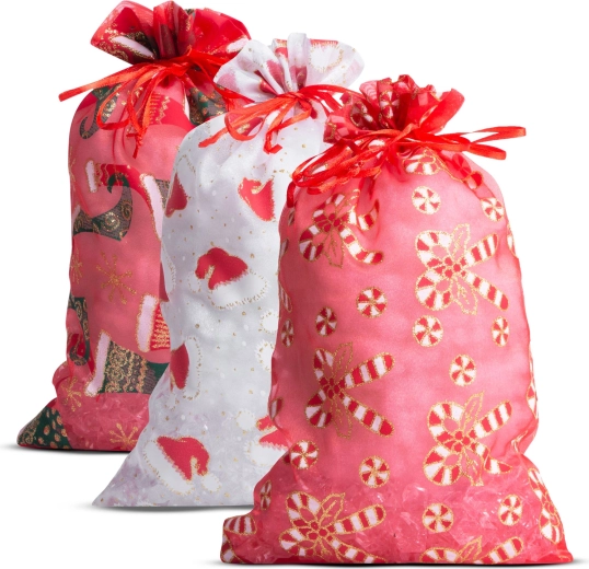 Organza cadeauzakjes met kerstmotief 20 × 30 cm, 12 stuks